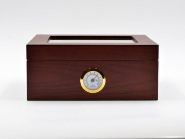Humidor 50 szál szivar részére, cédrusfa szivar doboz, üvegtető, párásítóval, hygrométerrel - vöröses barna, Angelo - Image 9