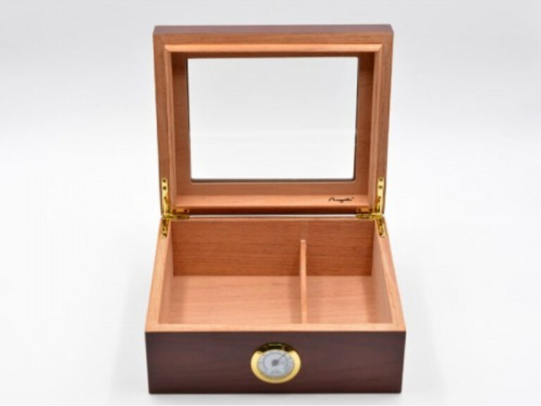 Humidor 50 szál szivar részére, cédrusfa szivar doboz, üvegtető, párásítóval, hygrométerrel - vöröses barna, Angelo - Image 6