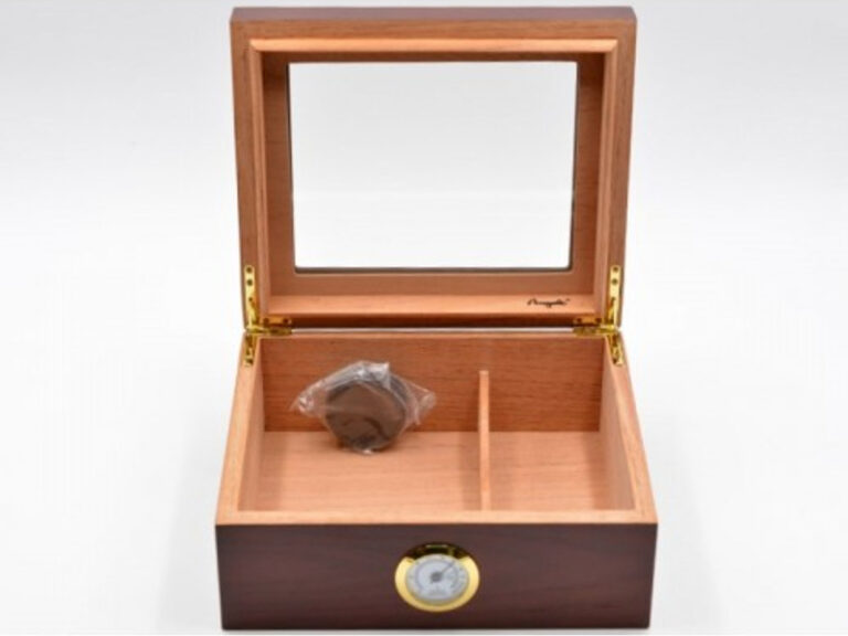 Humidor 50 szál szivar részére, cédrusfa szivar doboz, üvegtető, párásítóval, hygrométerrel - vöröses barna, Angelo - Image 7