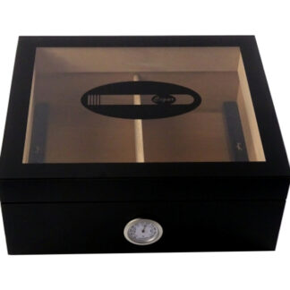 Humidor 50 szivar részére, üveg tetős szivartartó doboz, szivar díszítéssel a tetején, külső hygrometer
